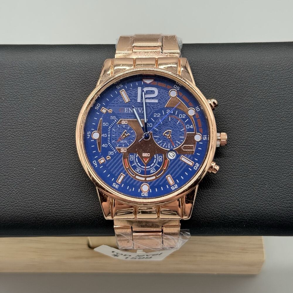 Geneva Mens Rose Gold Chronograph Style Watch Black Dial Stainless Steel New